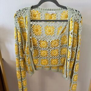 La Hearts Pac Sun Women's Crochet Cardigan Set - Yellow and Green